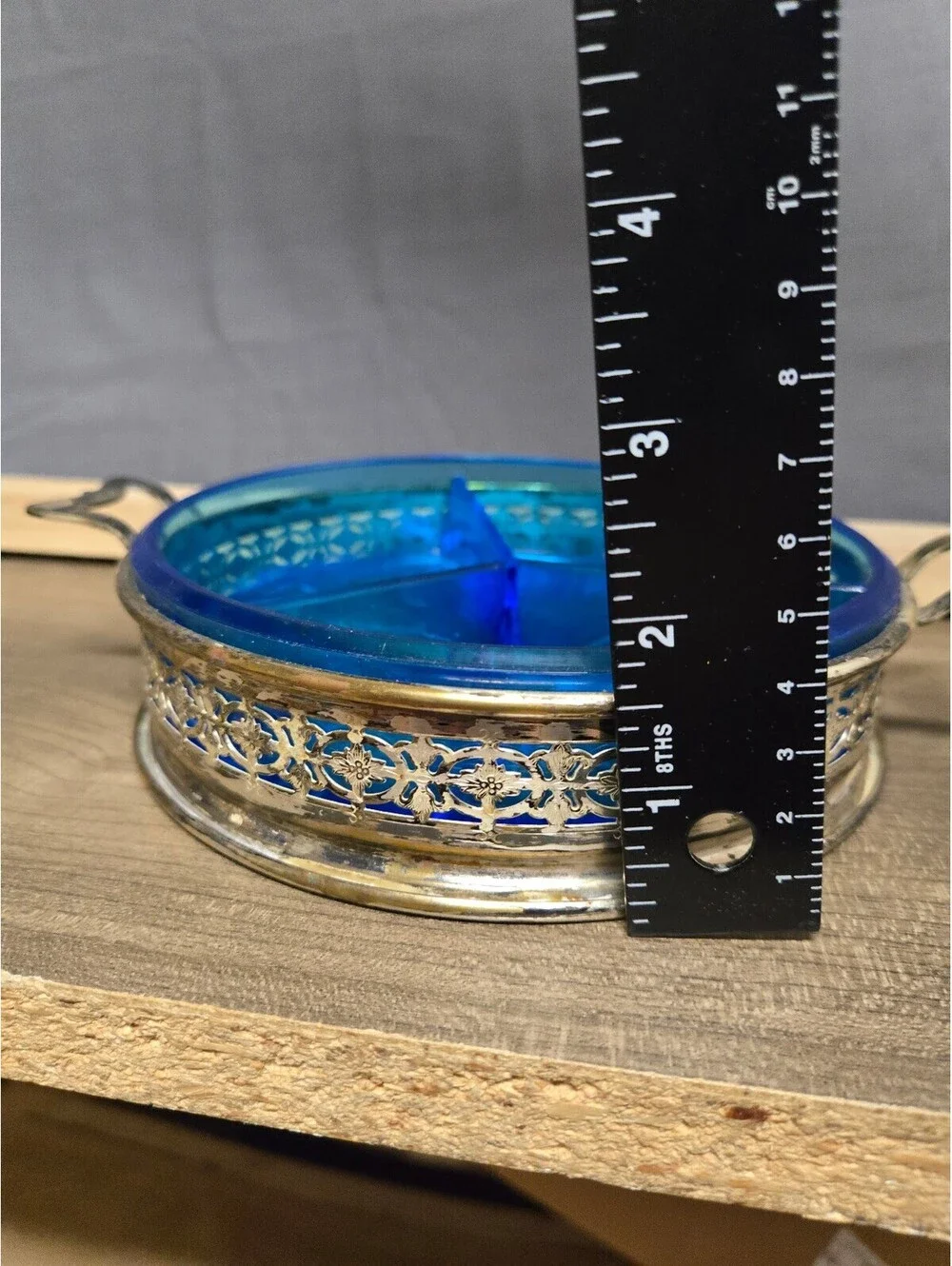 Vintage Blue Glass Divided Serving Dish with Silver Metal Pl